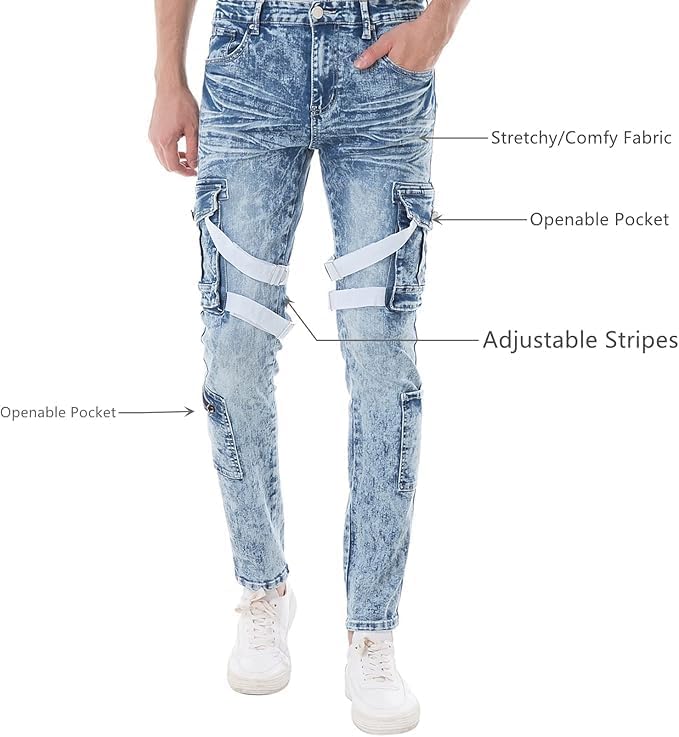 ABSECAI Mens Fashion Slim Fit Skinny Hip Hop Cargo Straps Jeans - Image 2