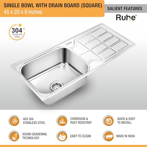 Image of Ruhe? Square Single Bowl 45 x 20 x 9 inch Drainboard Kitchen Sink | 304-Grade Stainless Steel Square Single Bowl with Drainboard Kitchen Sink | Glossy Finish | Included Sink Coupling and Waste Pipe