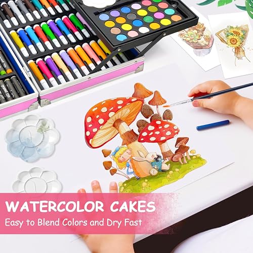 Image of VGRASSP 145 Pcs Unicorn Theme Drawing and Painting Kit Toy for Kids, Boys, Girls - Portable School Stationery Set with Colors, Watercolors, Color Pencils, Sketch Pens