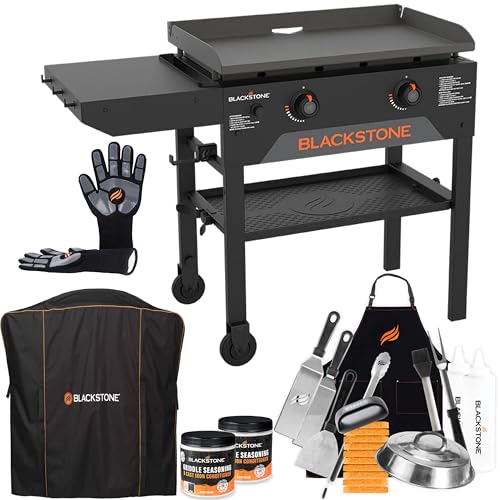 Blackstone 28 Inch Original Omnivore Griddle - 2 Burner Outdoor Flat Top Grill with Patio Series Griddle Cover, Accessories, Seasoning, and Gloves