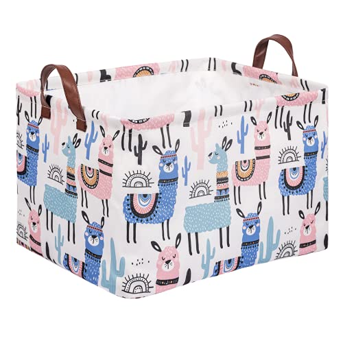 Image of Llama Storage Bin Basket Collapsible with Leather Handles Waterproof Canvas Storage Cube Box for Closet Toys Clothes Nursery Room Gift Basket