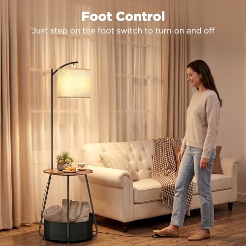Image of LUTEC Floor Lamp with Table, Night Stand with Lamp, Round SideTable with Fabric Basket, 3 Color Temperatures 9W LED Bulb, Modern End Table for Bedroom, Living Room, Rustic Brown