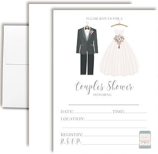 Amanda Creation Modern Bride and Groom Couples Wedding Shower Invitations, 20 Count 5x7 Fill-In Cards with White Envelopes, Elegant His and Hers Design, Made in USA