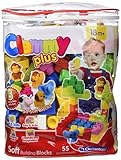5 simpáticos personajes y 50 bloques Clemmy Plus que vienen en una práctica bolsa con asa para llevar siempre contigo las construcciones blanditas pensadas para niños de 18 a 36 meses