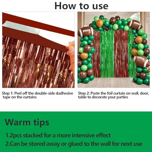 Image of 4 Packs Football Foil Fringe Curtain, Brown Green Glitter Metallic Tinsel Backdrop for Birthday, Baby Shower, Super Bowl, Football Game Day Party Decorations Supplies