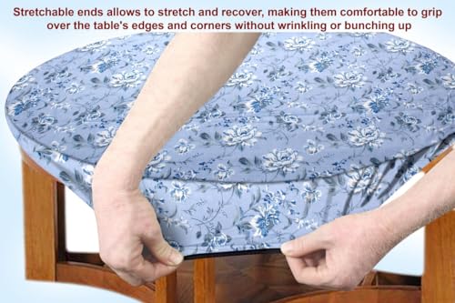 Image of The Furnishing Tree Elastic Cotton Round Center Table Cover 18x18 in Inches Floral White Rose on Blue Base