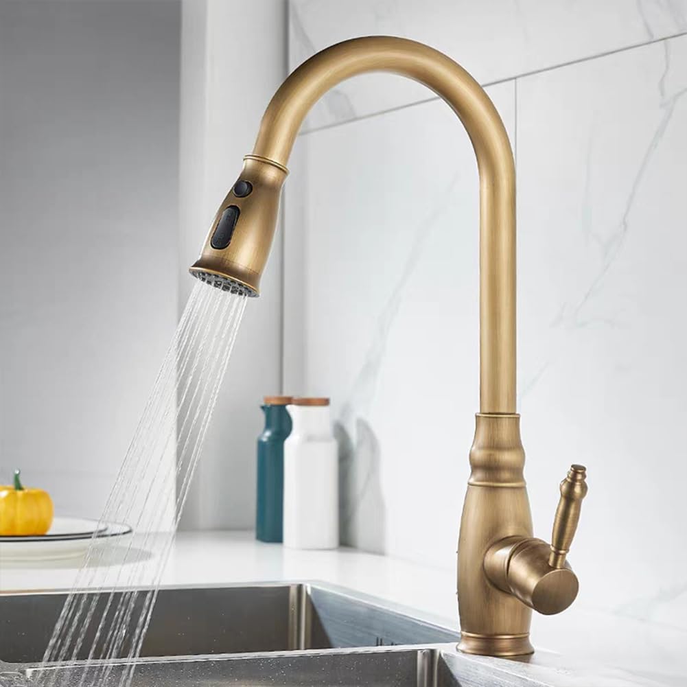 Rubinetto Cucina Rubinetto Lavello Con Doccetta Estraibile, 2 Modalità, Anticato Vintage Stile Girevole A 360 ° Monocomando Ottone Miscelatore Cucina, Rubinetto Lavello Cucina, Bronzo