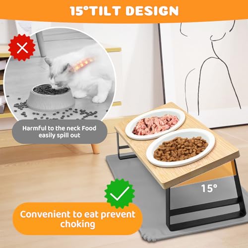 Keramischer Futternapf mit 15° Gekippter Katzenstation, Metallhalter und Silikonunterlage, 350ML Fressnapf und Wassernapf für Katzen und Hunde