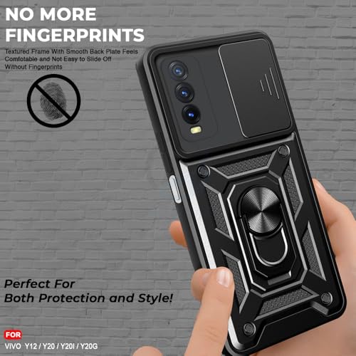 Image of AESTMO Tough Armor Vivo Y12s / Y20 / Y20i / Y20G Bumper Back Case Cover | Ring Holder & Sliding Camera Shield Cover | 360 Degree Protection Back Case Cover for Vivo Y12s / Y20 / Y20i / Y20G (Black)