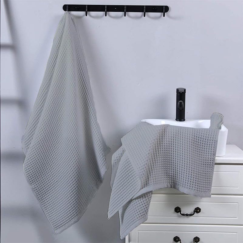 Image of Pure Cotton Waffle Towel | Lightweight | Anti Microbial and Water Absorbent | Soft Touch Quick Drying Hand Towels (Silver, Pack of 4)