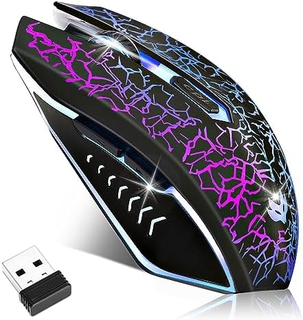 Wireless Gaming Mouse, Rechargeable Wireless Computer Mouse, 7-Color LED Light, Ergonomic Mouse with 6 Silent Click Buttons, 3 Adjustable 2400 DPI Wireless Mouse for Laptop,PC,Mac, Black