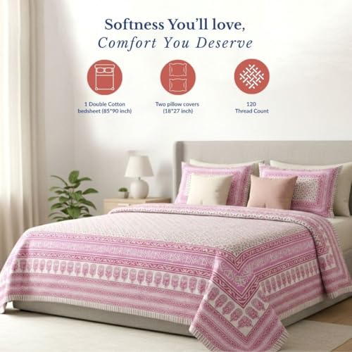 Image of Jaipur Weaves Jaipuri Double Bed Cotton Bedsheet Queen Size 90x85, 120 TC 100% Pure Cotton Bed Sheet with 2 Pillow Covers, Floral Traditional Print (Motifs Pink, Double)