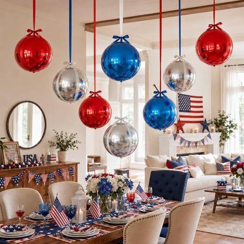 Image of 9 Pcs Red Blue Silver Round Foil Balloons,22 Inch Round Balloons | Red Blue Silver Giant 4D Round Ball Balloons For Patriotic Birthday Graduation Sports Party Decorations