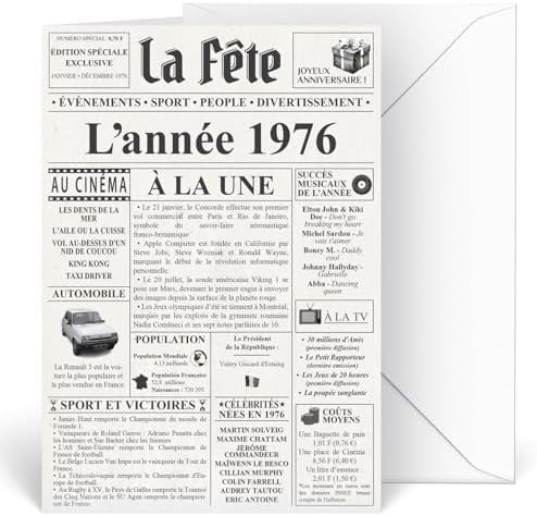 Carte Anniversaire 50 ans Design Original Journal Année 1976 | Année de Naissance 1976 | Cadeau Anniversaire 50 ans | Format A5 Avec Enveloppe