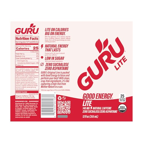 Image of GURU Energy Drink Lite, Organic Sparkling Energy Drink with Real Fruit Juice, 140 MG Natural Caffeine for Workouts, Performance & Midday Boost, Plant Based, Gluten Free, 12 Fl Oz, 24 Pack