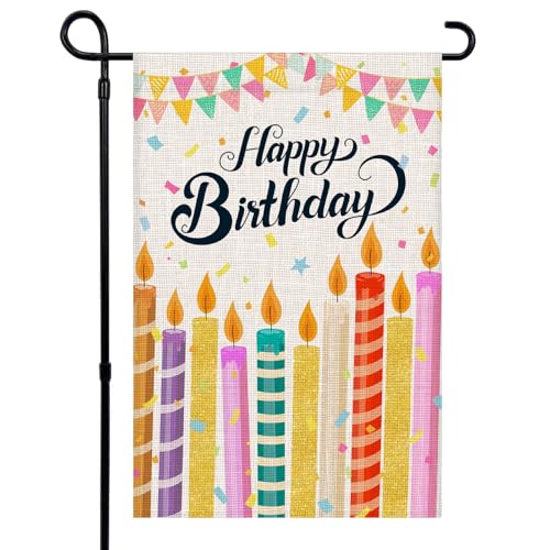 Happy Birthday Garden Flag 12x18 Inch Double Sided Small Burlap Flags Outdoor House Front Porch Patio Lawn Decor Yard Flags (Multi-color candle)