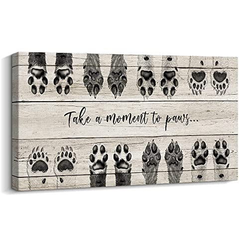 ARTINME Dog Lover Sign Picture Wall Decor,Take A Moment To Paws sign Pet Paw Print Artwork Footprints Canvas Wall Art,Framed Animal prints Puppy Gifts for Front Door Home Decoration 12"X24" Large