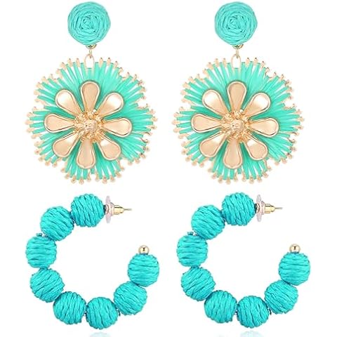 Raffia Earrings for Women Boho Colorful Rainbow Earrings Bohemian Statement Rattan Earrings for Summer Beach Raffia Dangle Drop Earrings Cover