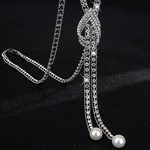 Sither Silver Crystal Knot Necklace for Women Long Peals Necklace Sweater Chain Statement for Wedding Jewelry for Dressy Winter Evening Party4