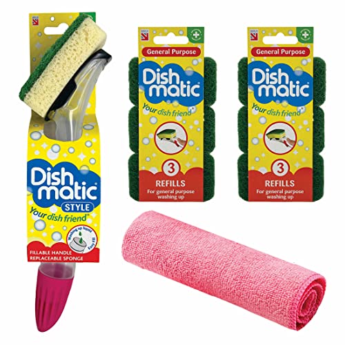 Clevery Box Set mit 1x Dishmatic Schwammbürste mit robuster Schwammoberfläche und 6X Reinigungsschwämme robust grün und 1 Stück Cleverry Microfasertücher pink Cover