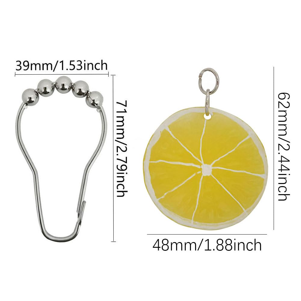 Yellow Lemon Shower Curtain Hooks for Bathroom, Rustproof Stainless Steel Decorative Shower Curtain Rings with Simulated Lemon Slice Pendant for Fruit Summer Theme Bathroom Decor (A)