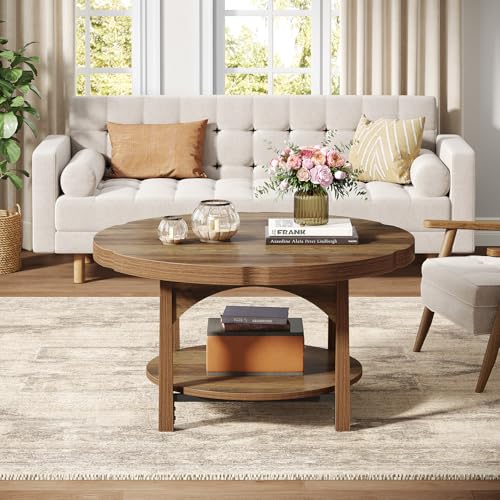 Tribesigns Round Coffee Table, 32" Farmhouse 2-Tier with Storage Shelves, Wooden Accent Centre Table Sofa Side Table for Living Room, Brown - Image 7