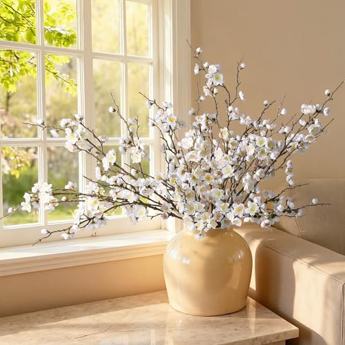 florisso 6 PCS Artificial Cherry Blossom Branches Spring Indoor Decoration, Faux Flowers 34.45\" Long Stems Plum Fake Peach Plants Real Touch Silk for Wedding Home Bedroom Party Table Office, White - Thumbnail 7