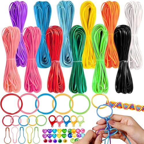 Lanyard String Kit 12 Colors Gimp String with 20 Keychain Accessories 20 Beads and 5 Bells Boondoggle Lanyard Making Kit for Craft DIY