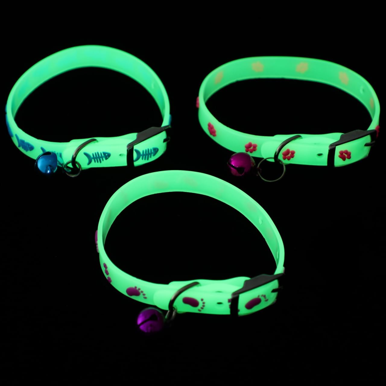 6pcs Glow in the Dark Cat Collars with Bells - Soft Silicone Light up Puppy Collar Decorative Fluorescent Ornament for Small Pets Dogs and Cats - Adjustable Range 7.48-10.24in