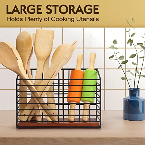 THYGIFTREE Kitchen Organizer for Counter - Large Black Metal Cooking Utensil Holder with Wooden Base - Modern Farmhouse Utensil Caddy - Image 4