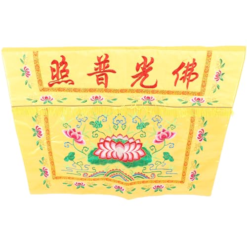 HEALEEP Mantel Budista Bordado de 1 Metro, Falda de Mesa Decorativa Amarilla Diseño de Loto, Mantel y Templo, Adorno Tradicional para Decoración Budista