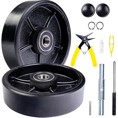 Pallet Jack/Truck Steering Wheels Set with Axle, Fasteners and Protective Caps (4 pcs) 7" x 2" with Bearings ID 20mm Poly Tread BLACK Cover