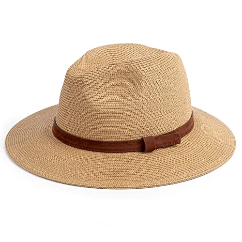 DRESHOW Damen Panama Hut Breiter Krempe Stroh Sommer Fedora Strohhut Panama Aufrollen Hut Strand Rollbar UV Sonnenhut UPF 50 +