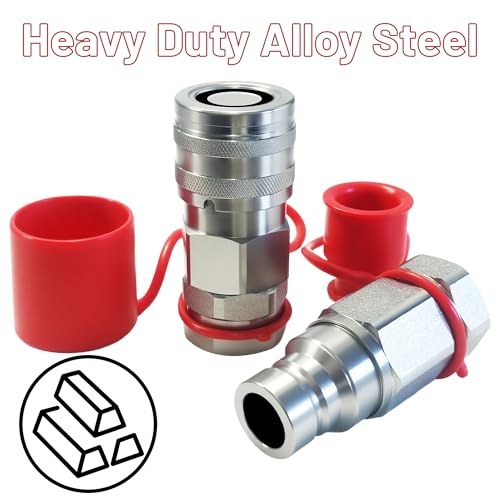 Image of Flat Face High Flow Skid Steer Hydraulic Quick Connect Couplers Set | 3 /4 inch Body x 1 inch SAE (1 15 /16-12 ORB) | 5076 PSI | ISO 16028 w /Dust Caps