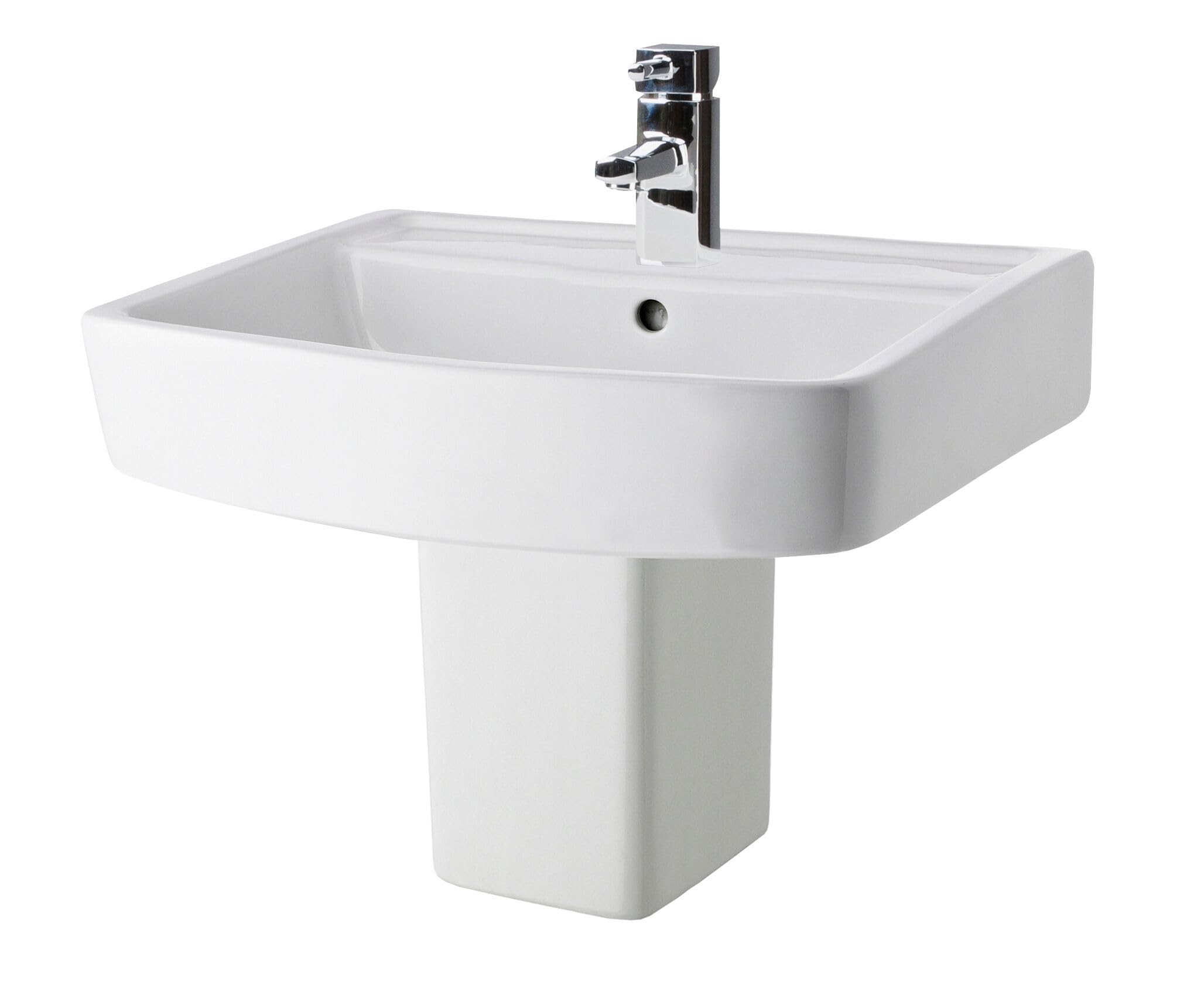 Balterley White 520Mm Bathroom Sink, Semi Pedestal Ceramic Square Bowl Bathroom Wash Basin Sink With Overflow, 1 Tap Hole, Wall Mounted Basin Sinks For Cloakroom - 520 X 420 X 450Mm (White)