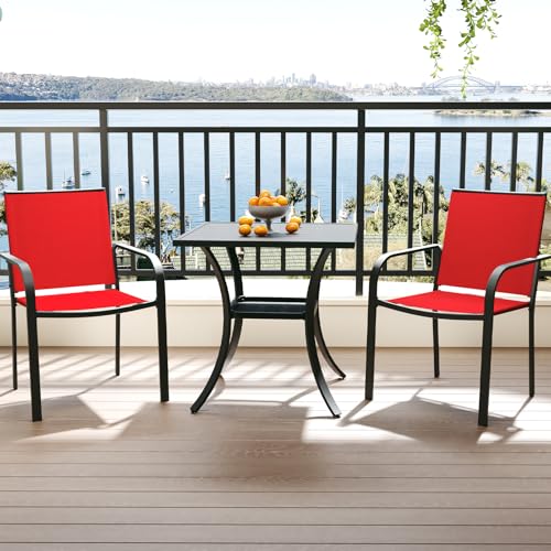 Image of Anmutig 3-Piece Outdoor Dining Set, Small Metal Bistro Table with 2 Stackable Sling Chairs, 27.5 x 27.5 Inch Square Table, Red Fabric