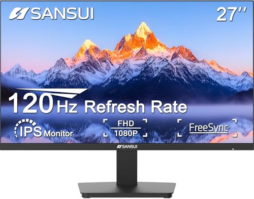 SANSUI 27 Inch Monitor, IPS 120Hz Computer Monitor Full HD 1920 x 1080P with HDMI DP Interfaces, Eye Care, Frameless, 100 x 100mm VESA Mountable (HDMI Cable Included)
