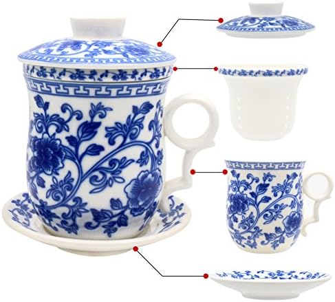 Ameolela Porcelain Tea Cup with Infuser Lid and Saucer Sets - Chinese Jingdezhen Ceramics Coffee Mug Teacup Loose Leaf Tea Brewing System for Home Office