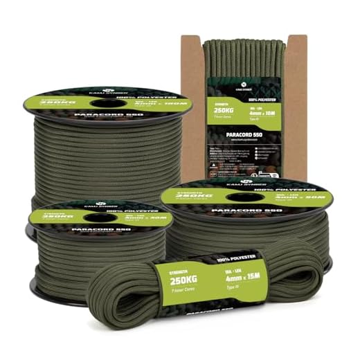 Kamu Synber Paracorde 550 Type III 4mm 15m 7 Brins 100% Polyester Corde pour Bracelet, Bricolage, Camping, Survie | Supporte 250kg | Vert Militaire