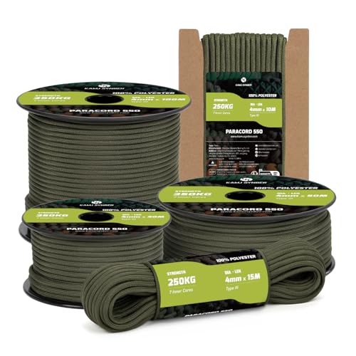 Kamu Synber Paracord 550 Tipo III 4mm 30m 7 Hebras 100% Poliéster Cuerda para Camping, Supervivencia, Correa de Perro, Collar, Pulsera | Soporta 250kg | Ejercito Verde