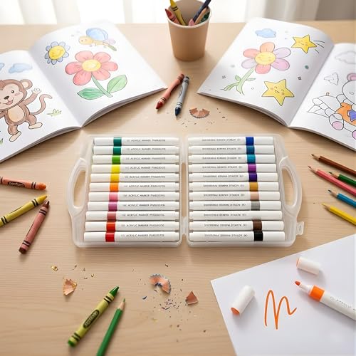 Image of JOUET Professional Acrylic Paint Markers Set, 24 Vibrant Colours, Brush Tip, Water-Based, Non-Toxic, for Rock Painting, Canvas, Glass, Wood, School Projects, with Portable Storage Case