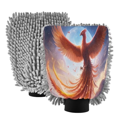 STAYTOP Beautiful Phoenix of Fire Car Wash Mitt Microfiber, 2Pcs Scratch Free Lint-Free, Premium Chenille Microfiber Mitt Car Wash Brush-M