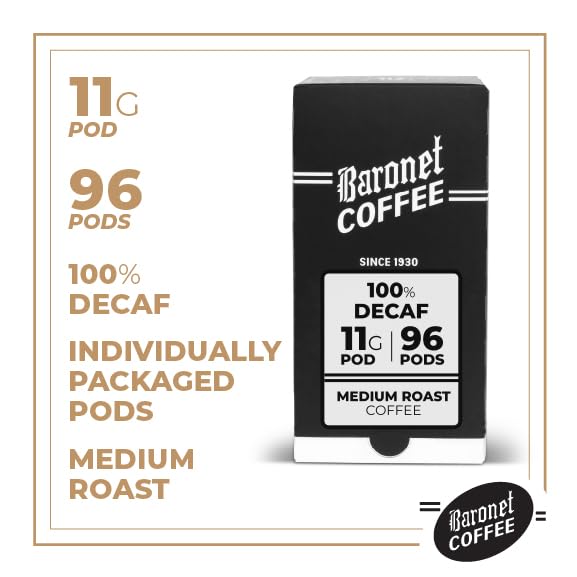 Baronet Coffee Pods [100% Decaf -96 Pods] Single Cup Soft 11 Gram Coffee - 6 Boxes of 16 Single Serve 11 Gram, Medium Roast, Kosher, Vegan [100% Decaf] image 4