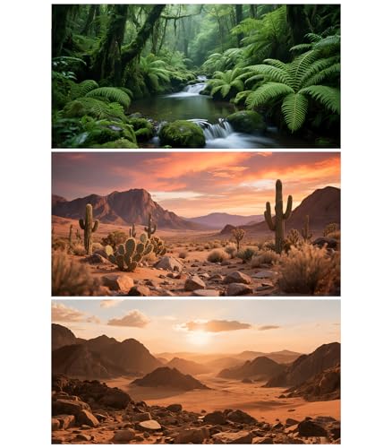 Xereooe 3 Pack Terrarium Background 36x18 inches Polyester Reptile BackgroundGobi Sunshine Cactus Stone & Green Tree Fern Stream Terrarium Background