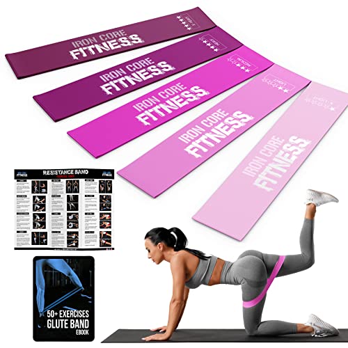 Mini Loop Resistance Bands Set of 5 Workout Bands for Men and Women in Unique Colours- Ebook and Chart Included by Iron Core Fitness (Pink Blush Pallette)