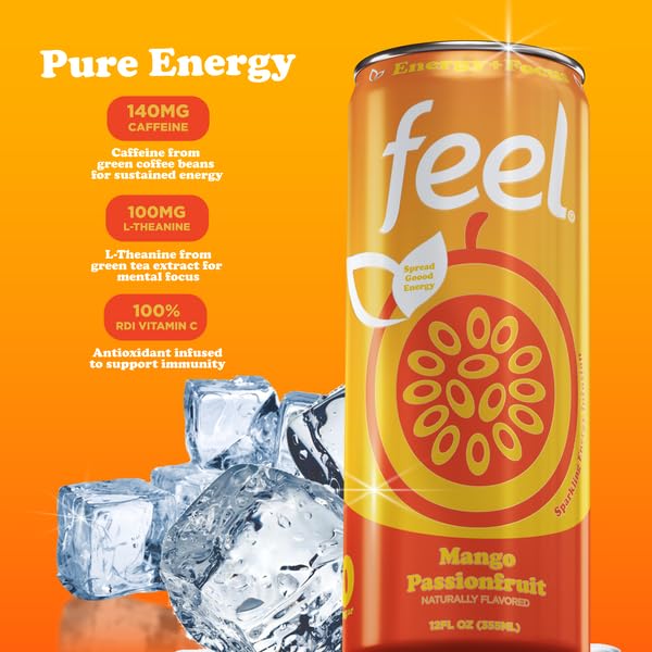 Miniatura 3 de FEEL Sparkling Mango - Bebida energética natural de fruta de la pasión, bebida energética saludable sin azúcar, L-teanina, bebida de cafeína en