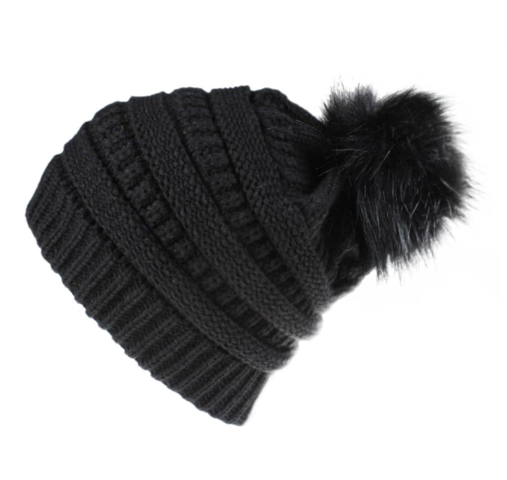 Wintermütze Für Kälte Damen Winter-Strick-Slouchy-Beanie-Mütze, Warme Totenkopf-Skimütze, Kunstfell-Pom-Pom-Hüte Mütze Warme