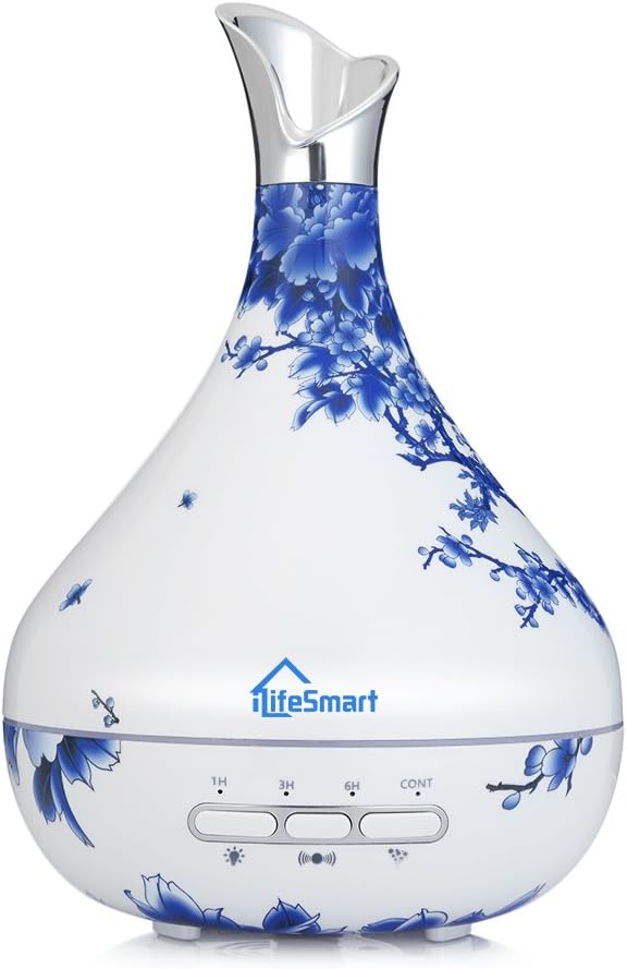 Smart Essential Oil Diffuser, 300ml Cool Mist Humidifier Smart Human Induction Ultrasonic Aroma Diffuser with 7 LED Light Colors for Office Home Gift (Blue-White)