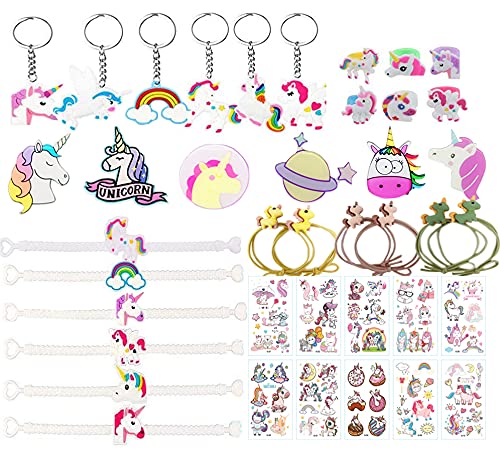 40 Pcs Regalitos Fiesta Cumpleaños Favores Infantiles - Unicornio llaveros & Pulsera & Anillo de Silicona, Tatuajes Temporales, Broche de joyería, Goma de Pelo de Unicornio para Niños Niña