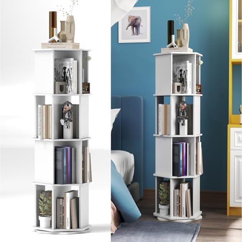 KUJIBGY 4 Tier Rotating Bookshelf, Spinning Bookshelf, 360° Rotation Book Shelf Tall Bookcase Storage Display Rack Floor Standing Shelves for Home Living Room Study Office White 60''x9.5''x9.5''